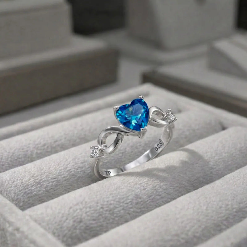 Anel Prata 925 Infinito Amor Coração - Safira Azul
