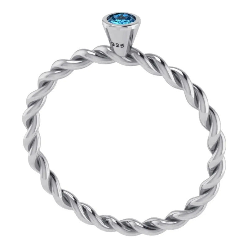 Anel Prata 925 Solitário Torcido Topázio Azul - Exclusivo