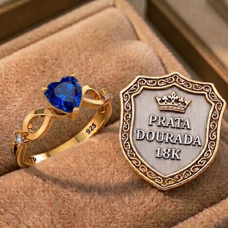 Anel Prata 925 Dourada 18k Infinito Amor Coração - Safira