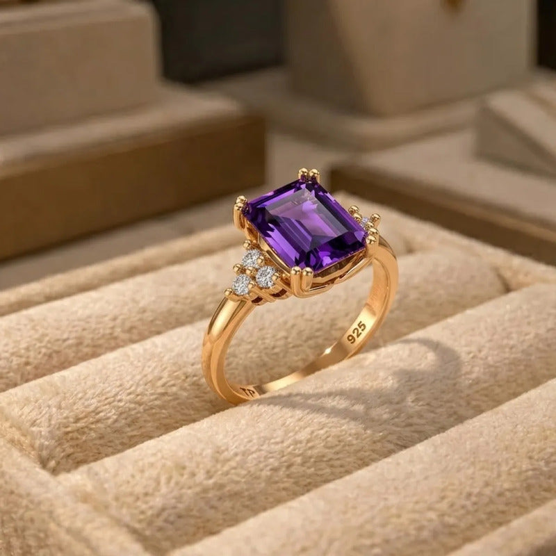 Anel Vintage Clássico Prata 925 Dourada Ouro 18k Ametista