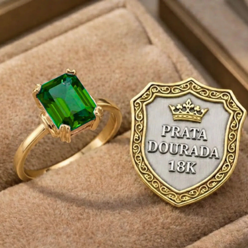 Anel Vintage Esmeralda Prata 925 Dourada  Ouro 18k- Feminino