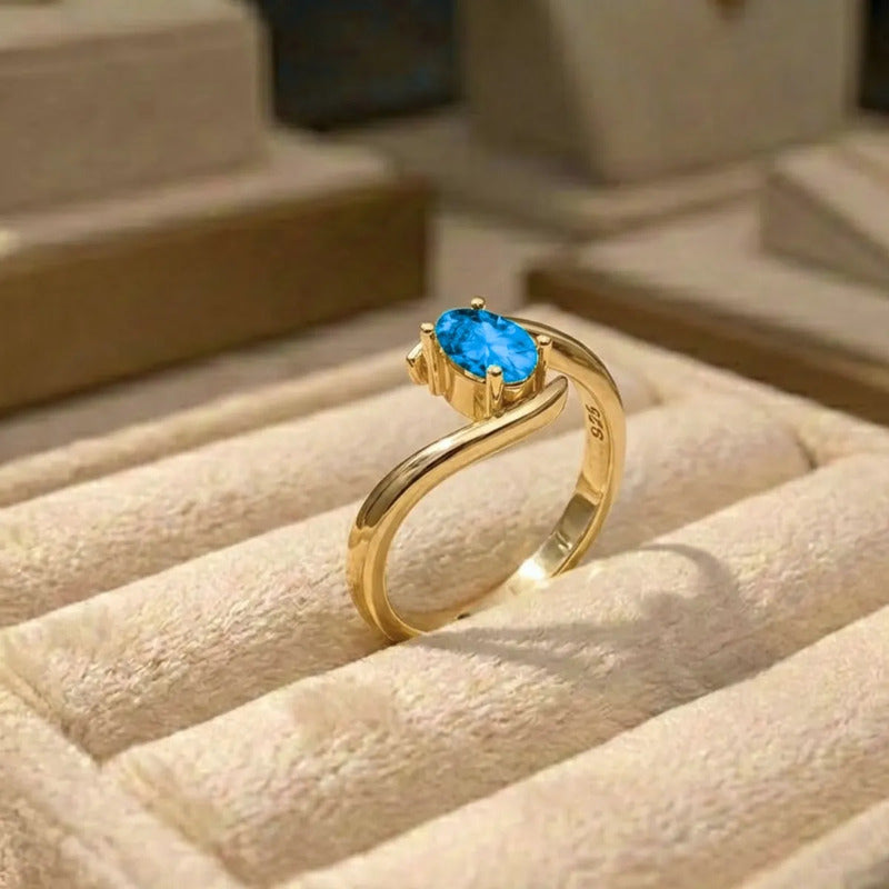 Anel Miami Prata 925 Dourada Ouro 18k - Topázio Azul