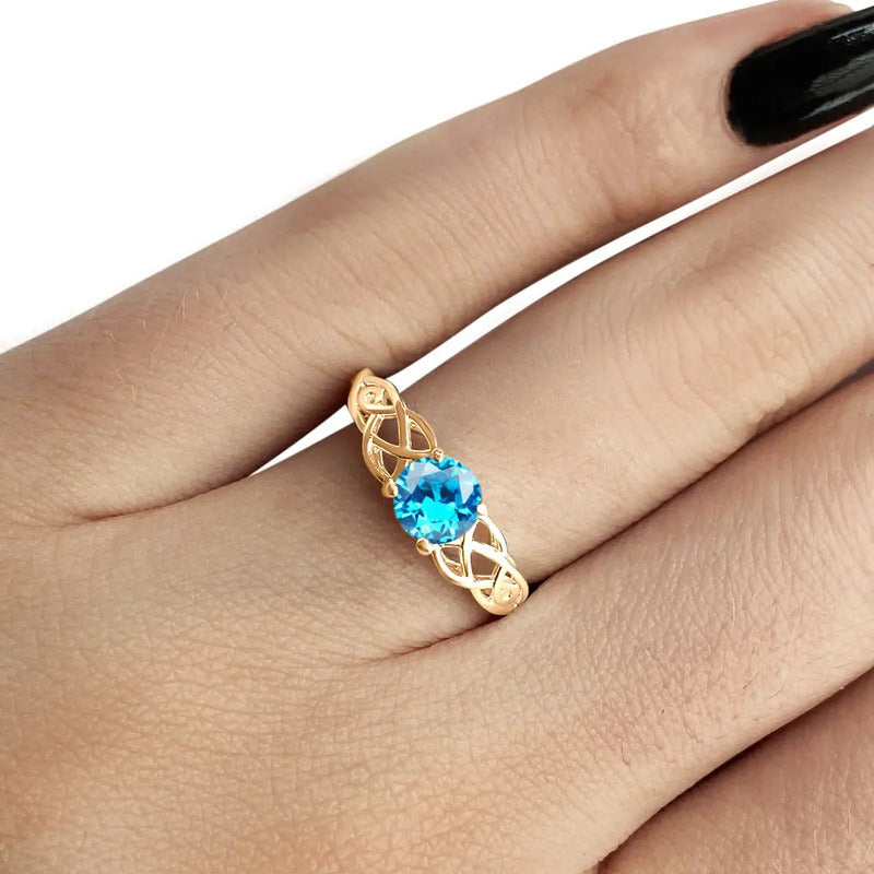 Anel Celta Knot Prata 925 Dourada  Ouro 18k - Topázio Azul