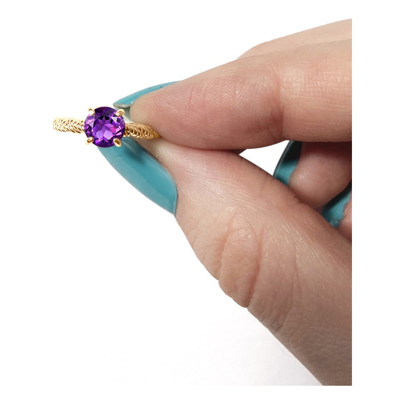 Anel Solitário Torcido Ametista Prata 925 Dourada  Ouro 18k