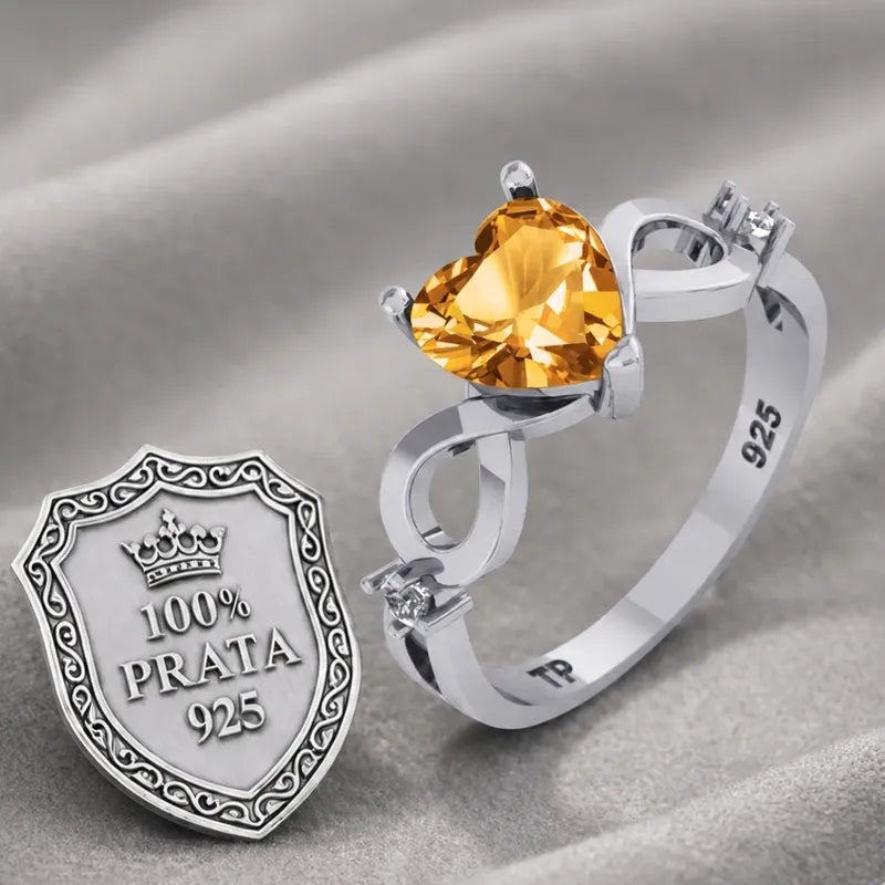 Anel Prata 925 Infinito Amor Coração - Citrino Amarelo 12