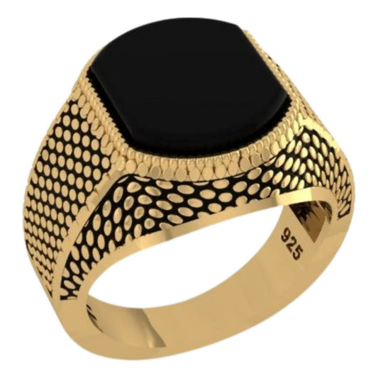 Anel Masculino Prata 925 Dourada Tudo Prata Ônix Negro Oval Tamanho 19 Dourado