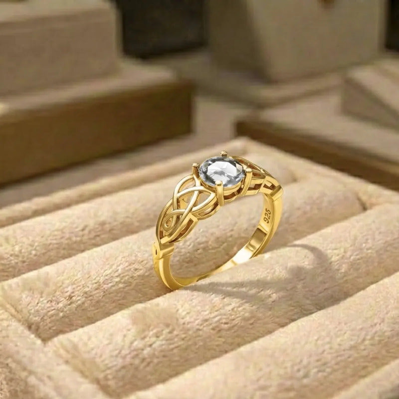 Anel Solitário Celta Knot Prata 925 Dourada 18k - Zircônia