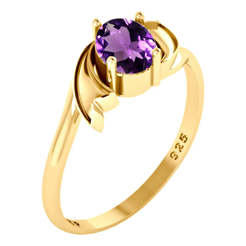 Anel Wings Prata 925 Dourada Ouro 18k Ametista Oval