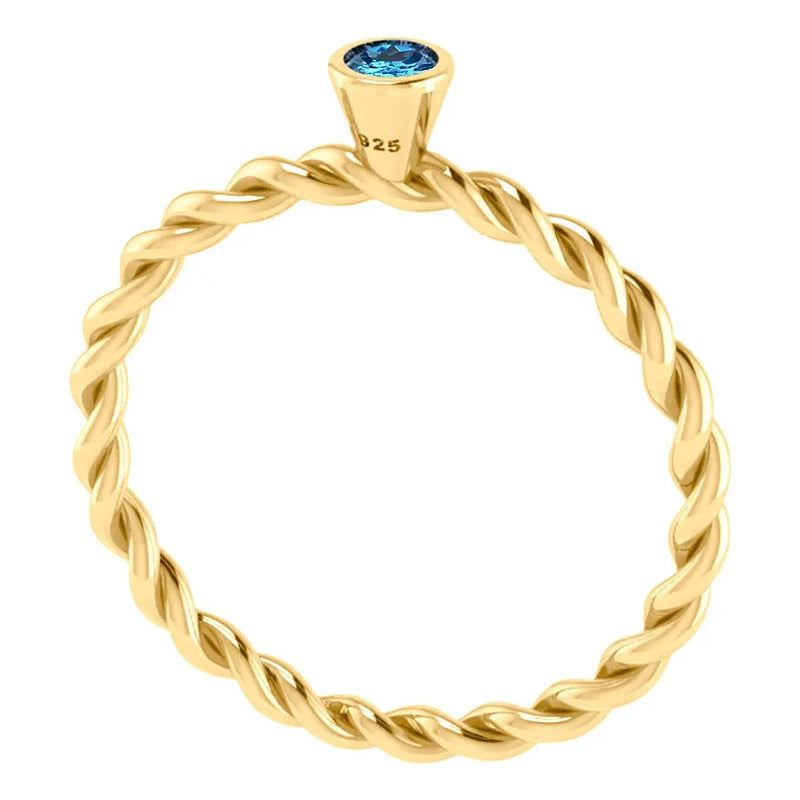 Anel Solitário Prata 925 Dourada 18k Torcido - Topázio Azul
