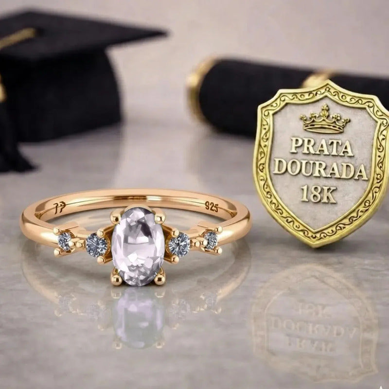 Anel Formatura Feminino Prata 925 Dourada 18k + Capelo Zircônia 26-27