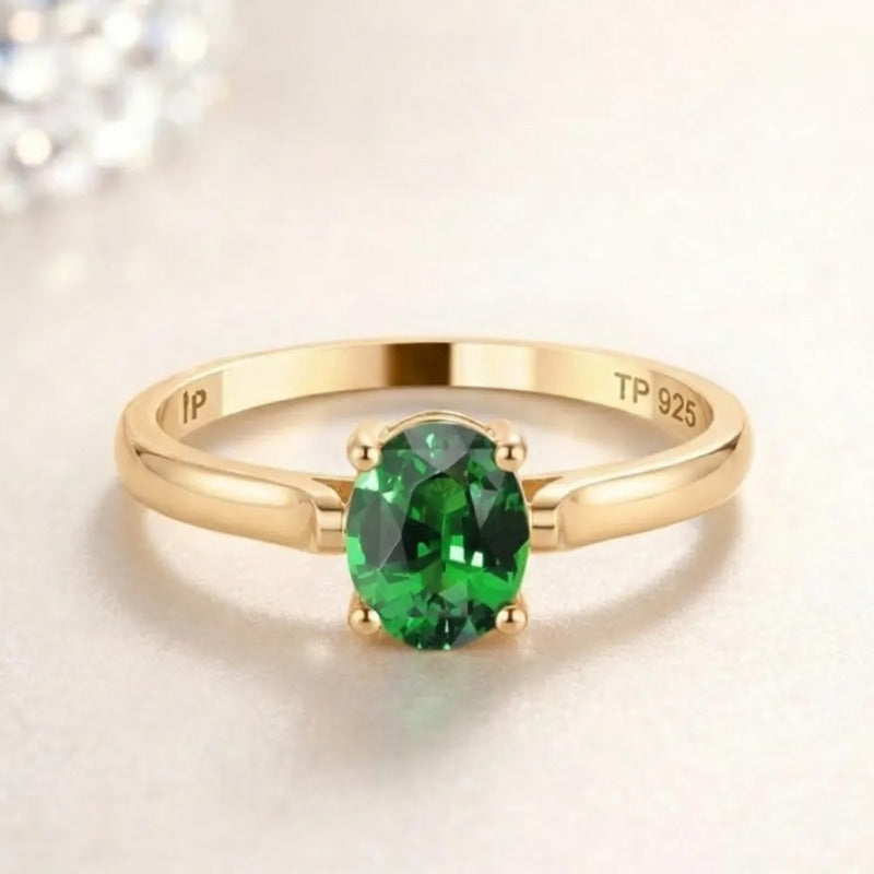 Anel Solitário Oval Em Prata 925 Dourada 18k - Esmeralda