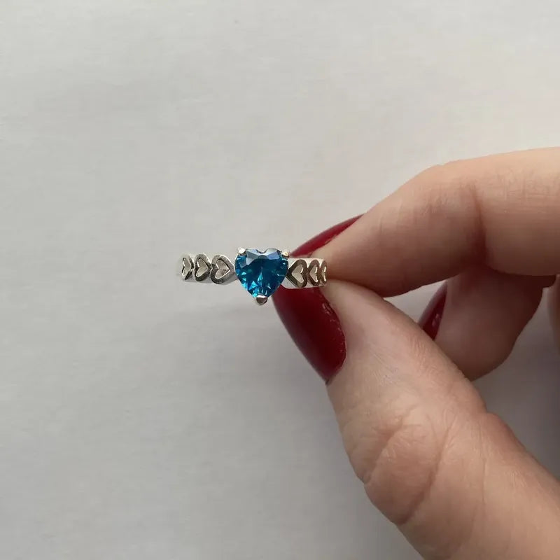 Anel Luxo Prata 925 Topázio Azul Coração - Exclusivo