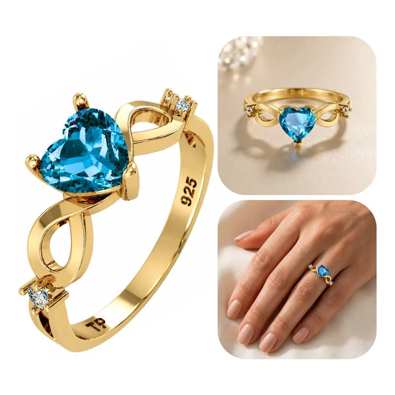 Anel Prata 925 Dourada 18k Infinito Amor Coração - Topázio