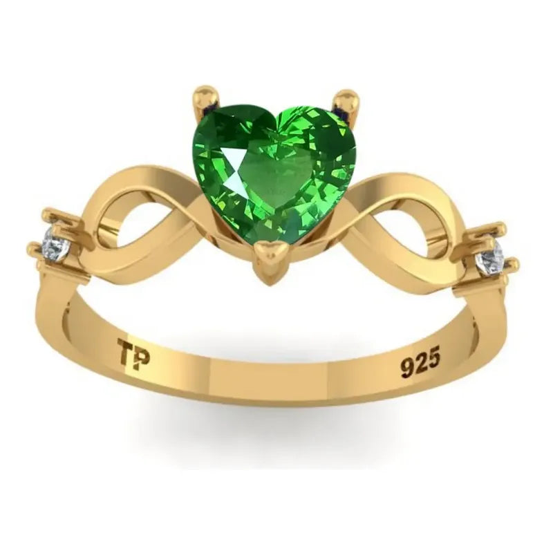 Anel Prata 925 Dourada 18k Infinito Amor Coração - Esmeralda