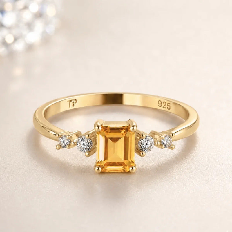 Anel Viena Retangular Prata 925 Dourada 18k - Citrino
