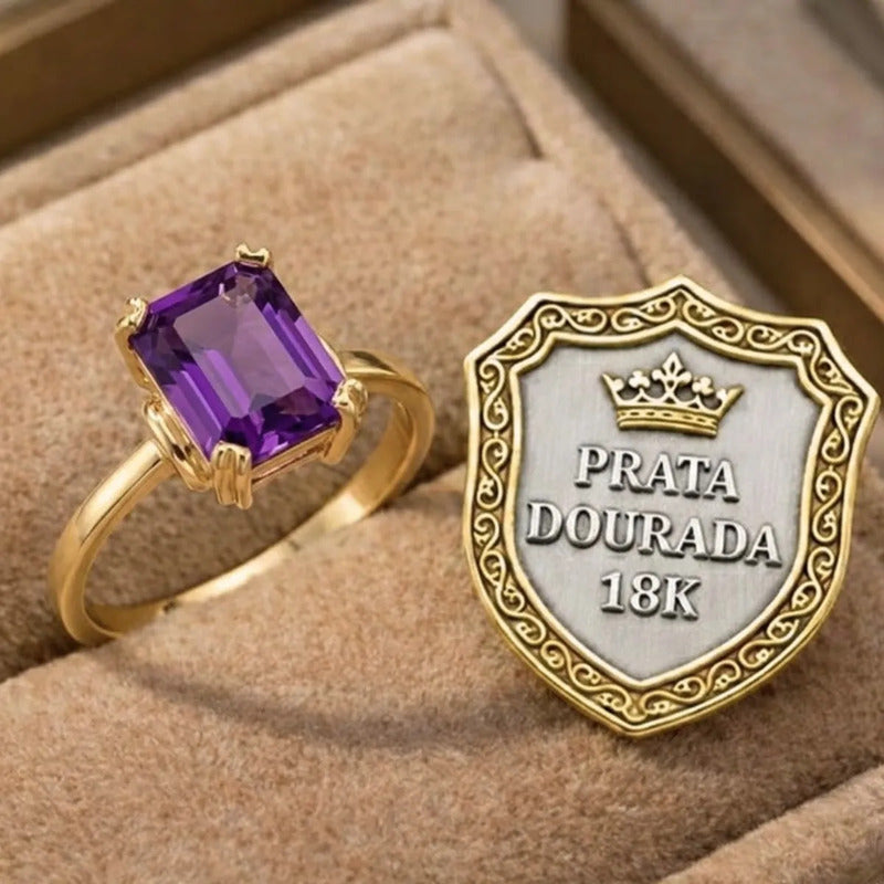 Anel Vintage Ametista Prata 925 Dourada 18k Feminino