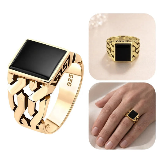 Anel Masculino Elos Prata 925 Dourada  Ouro 18k- Black Onix