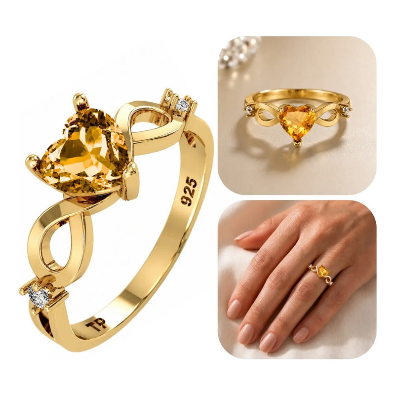 Anel Prata 925 Dourada 18k Infinito Amor Coração Citrino 22