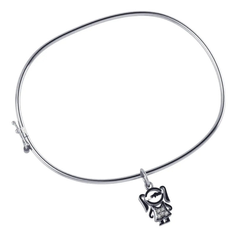 Pulseira Bracelete Rígido Prata 925 - Pingente Menina 19 Cm
