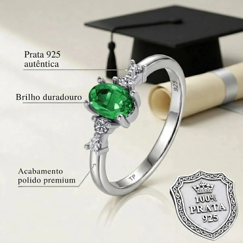 Anel Formatura Feminino Prata 925 + Caixinha Capelo Esmeralda 25