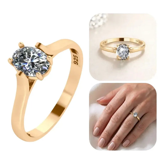Anel Solitário Oval Em Prata 925 Dourada 18k - Zircônia