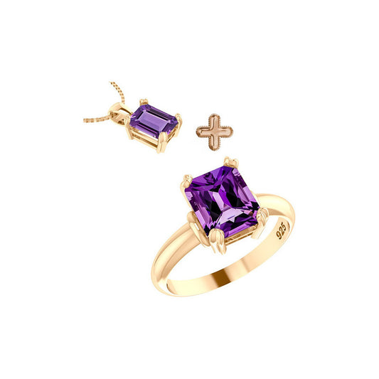 Kit Anel E Colar Vintage Prata 925 Dourada 18k - Ametista