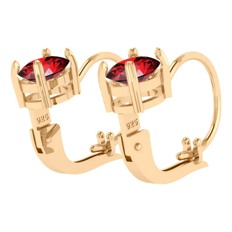 Brinco Trava Pura Prata 925 Dourada 18k - Granada Oval Vermelho