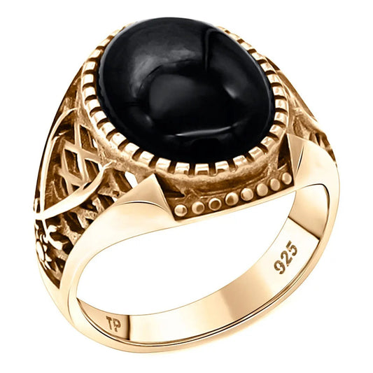 Anel Masculino Oval Prata 925 Dourada  Ouro 18k - Black Ônix