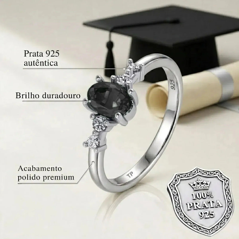 Anel Formatura Feminino Prata 925 + Caixinha Capelo Onix 30