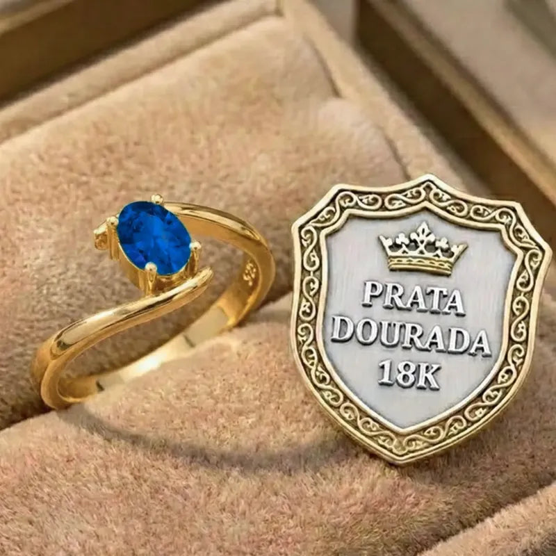 Anel Miami Prata 925 Dourada Ouro 18k - Safira Azul Safira Azul 28