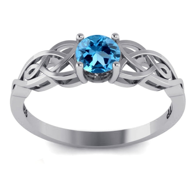 Anel Solitário Celta Knot Prata 925 Topázio Azul - Exclusivo