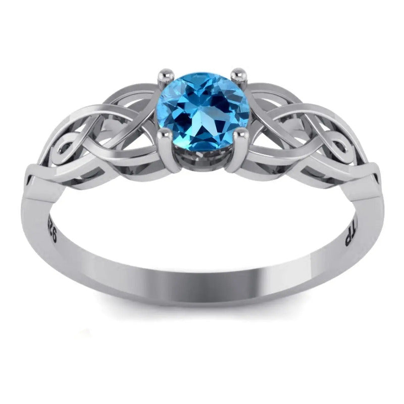 Anel Solitário Celta Knot Prata 925 Topázio Azul - Exclusivo