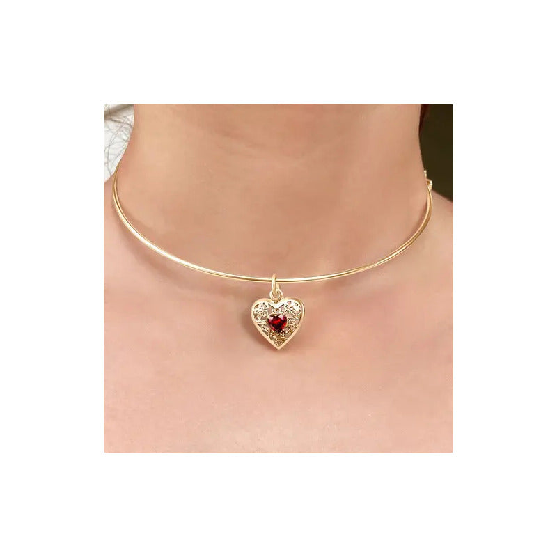 Colar Choker Coração Granada Prata 925 Dourada Ouro 18k