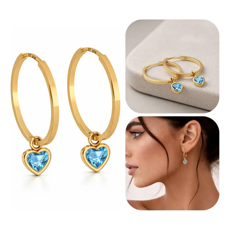 Brinco Argola Prata 925 Dourada 18k Pingente Topázio Coração Dourado