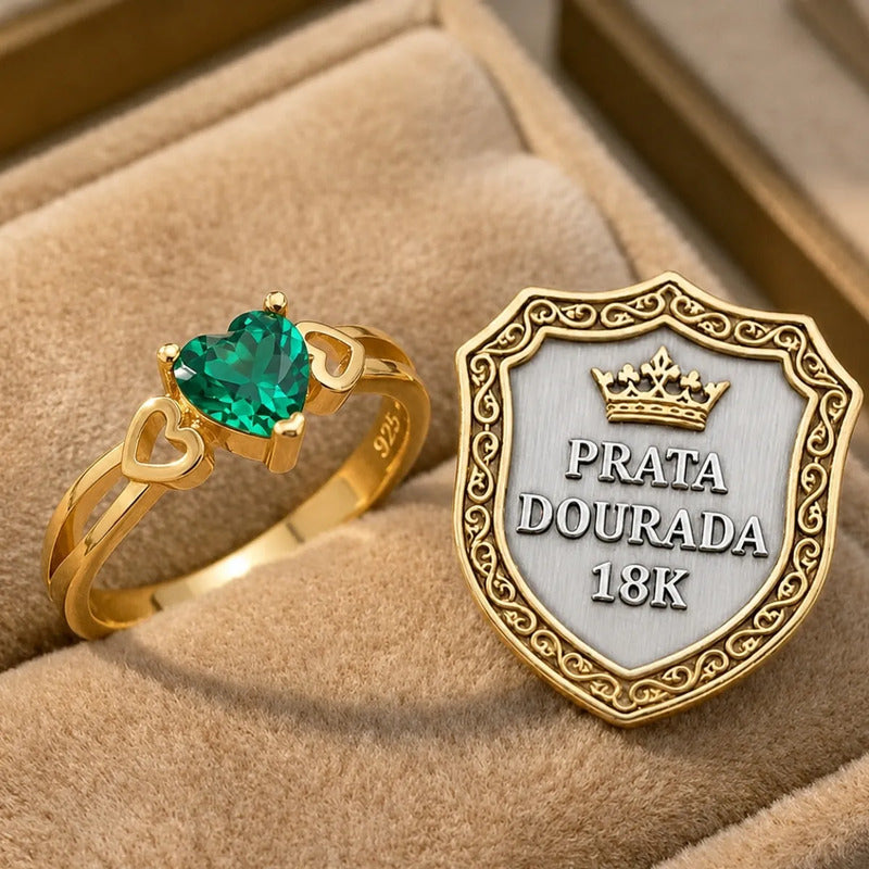 Anel Eterno Coração Prata 925 Dourada Ouro18k Esmeralda