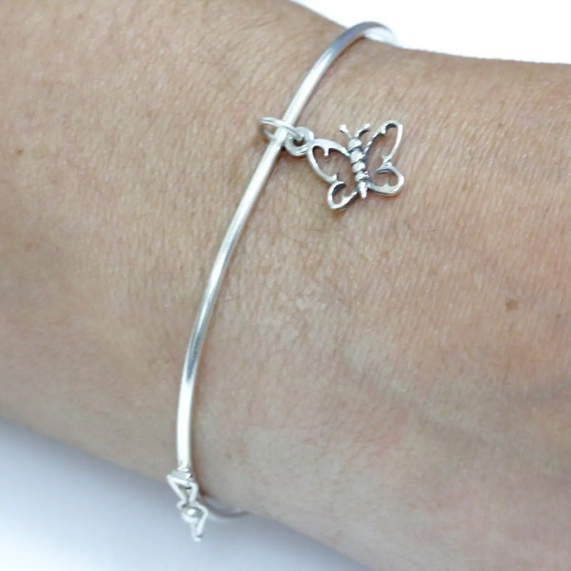 Pulseira Bracelete Rígido Prata 925 - Borboleta Vazada 19 Cm