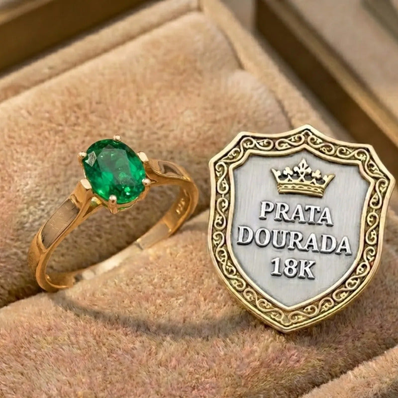 Anel Solitário Oval Em Prata 925 Dourada 18k - Esmeralda