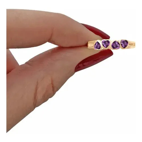 Anel Meia Aliança Corações Prata 925 Dourada 18k Ametista