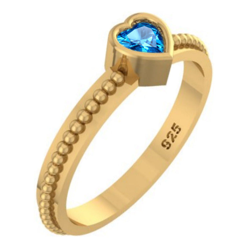 Anel Prata 925 Dourada 18k Solitário Coração - Topázio