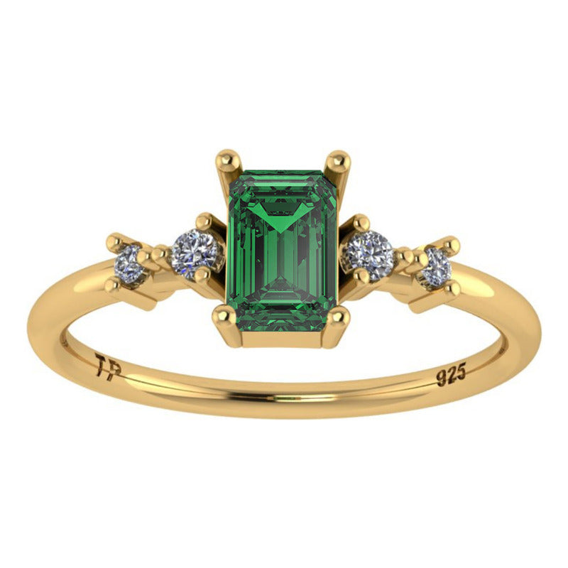 Anel Viena Retangular Prata 925 Dourada 18k - Esmeralda