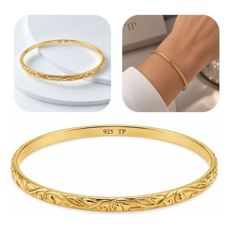 Pulseira Bracelete Arabesco Prata 925 Dourada 18k Maciço 7 Cm