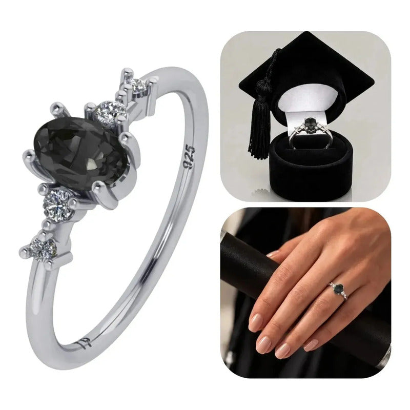 Anel Formatura Feminino Prata 925 + Caixinha Capelo Onix 30