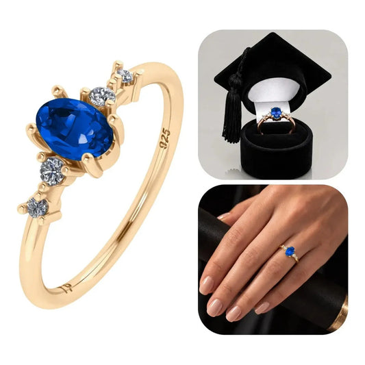 Anel Formatura Feminino Prata 925 Dourada 18k + Capelo Safira 22-23