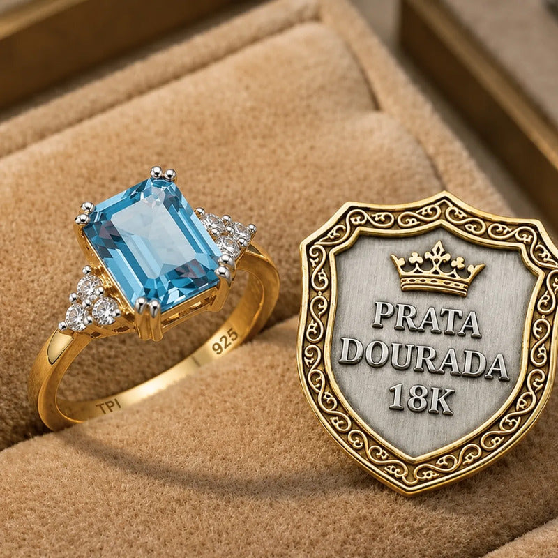 Anel Vintage Clássico Prata 925 Dourada 18k Topázio Azul