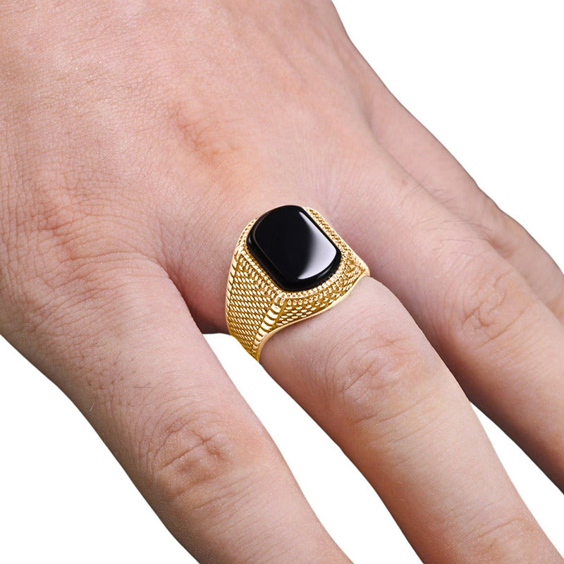 Anel Masculino Prata 925 Banhado Ouro 18k Black Ônix Tamanho 16
