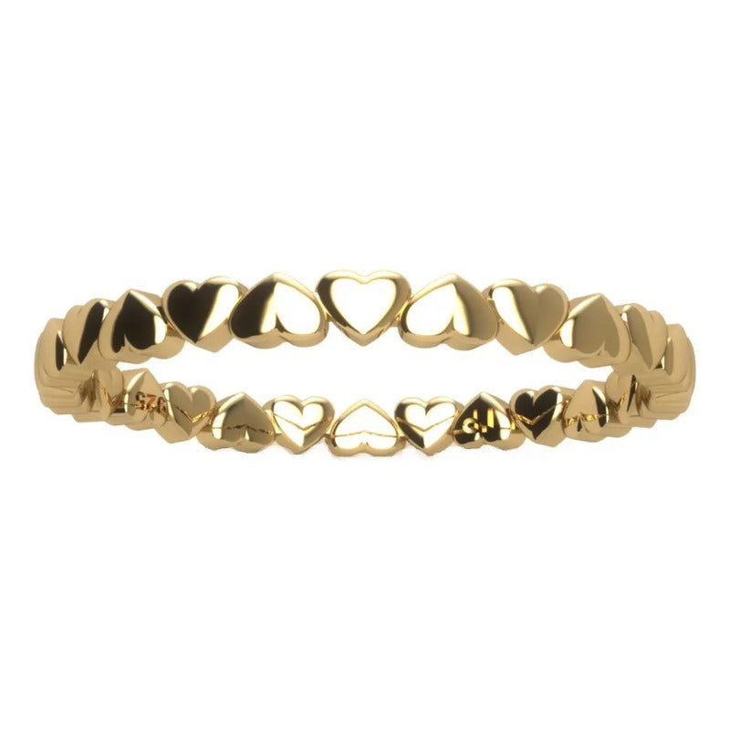 Anel Corações Sólido Prata 925 Dourada 18k - Feminino
