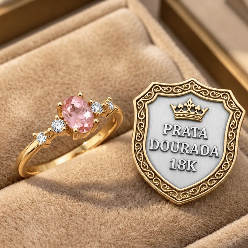 Anel London Prata 925 Dourada Ouro 18k - Safira Rosa 9