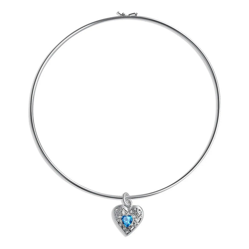 Colar Choker Filigrana Coração Prata 925 Topázio Azul