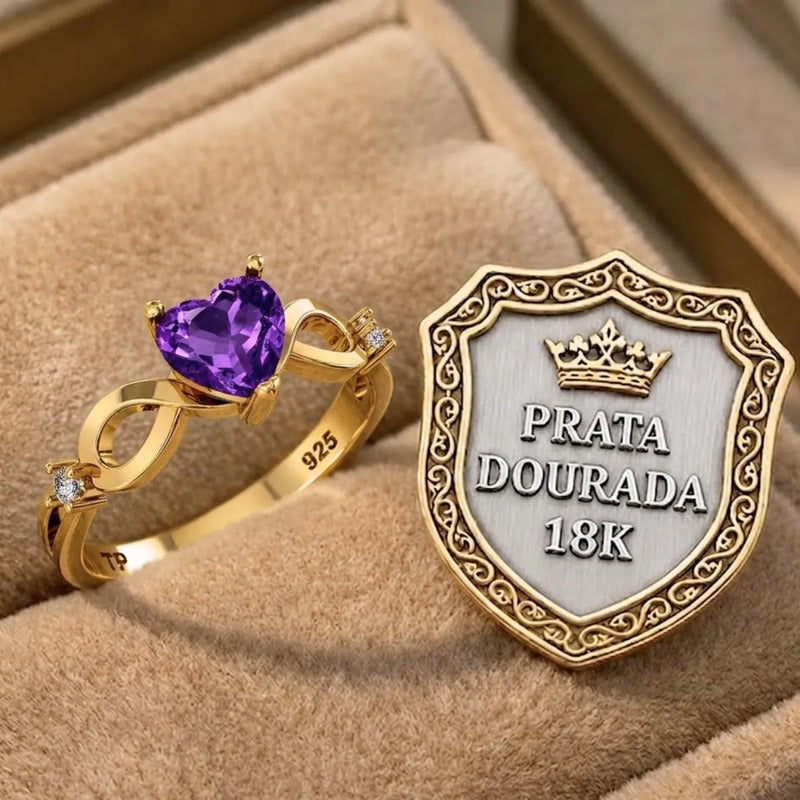 Anel Prata 925 Dourada 18k Infinito Amor Coração Ametista