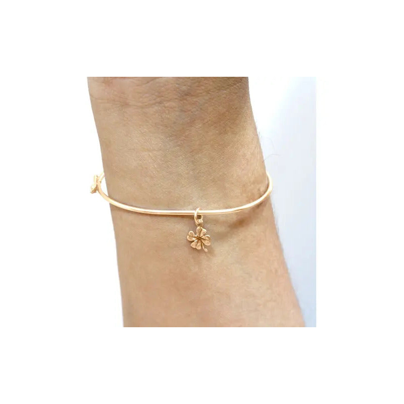 Pulseira Bracelete Rígido Prata 925 Dourada 18k- Trevo Sorte Dourado 19 Cm